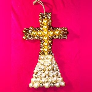 Artisanal Wood ✝️ w/ Repurposed Jewelry Gold, White Faux Pearls & Rhinestones